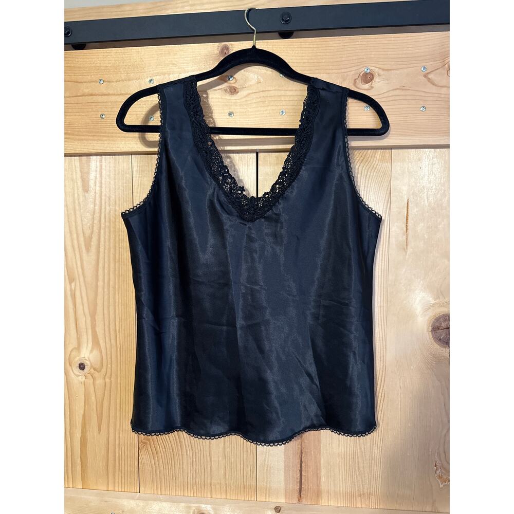 Vintage Escapades Lace Satin Camisole Top Tank Blouse Black Size Large
